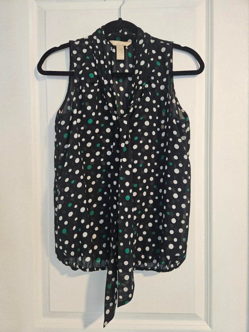 Banana Republic Sleeveless Blouse Black Polka Dot Tie Neck Size Small